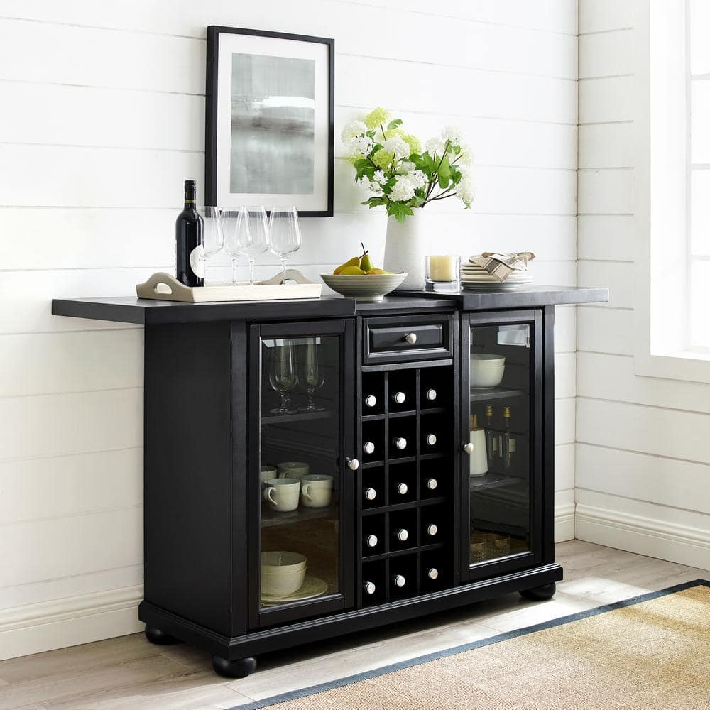 Alexandria Classic Black Sliding Top Bar Cabinet with Beveled Glass