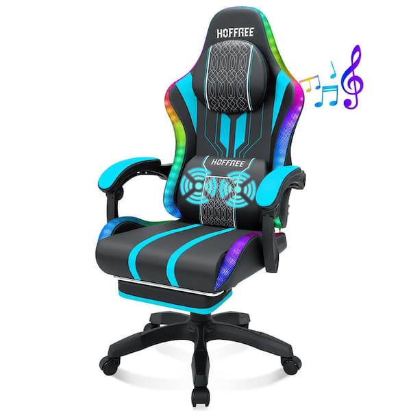 Faux Leather Massage Ergonomic Gaming Chair Big and Tall Game Chair in Blue with Bluetooth Speakers LED Lights Footrest
