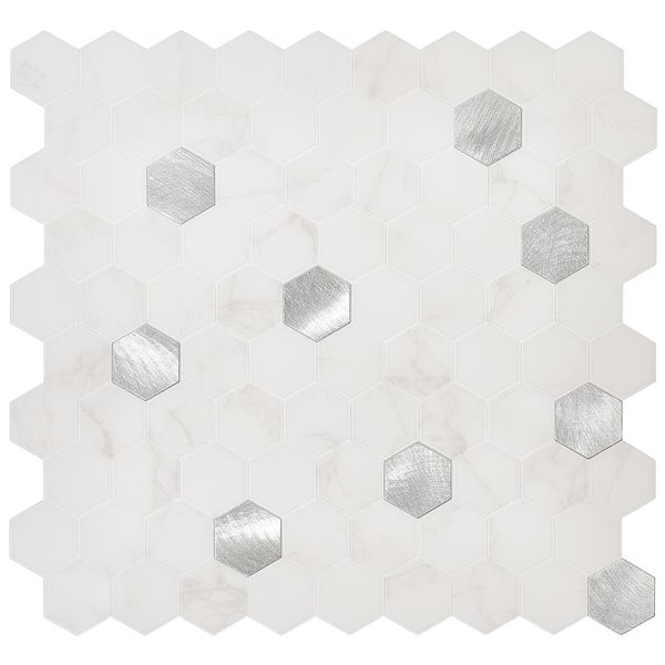 Avant Decor Aloha Silver/White Marble 11-in x 12-in Polished Metal Hexagon Stone Look Peel and Stick Wall Tile (6.16-sq. ft/ Carton) | AL012