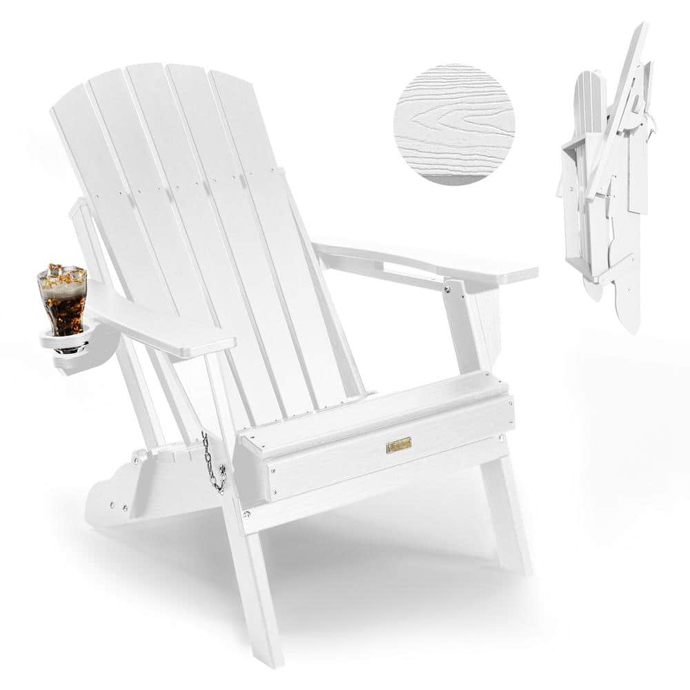 Mximu White HDPE Outdoor Folding Plastic Adirondack Chair with Cupholder