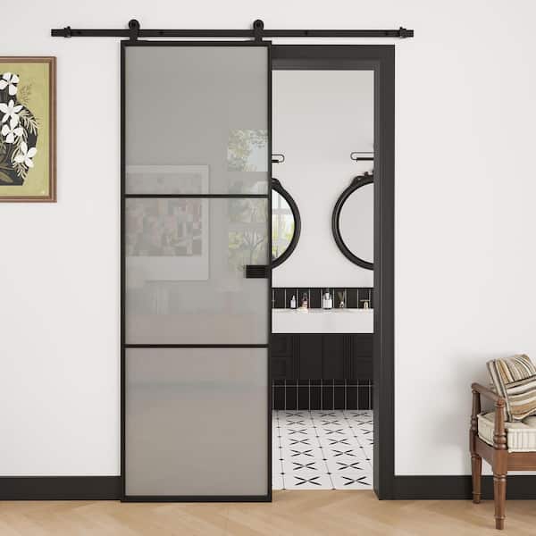 28 in. x 80 in. 3 Lite Frosted Glass Black Aluminum No Assembly Required Sliding Barn Door with Hardware Kit and Handle