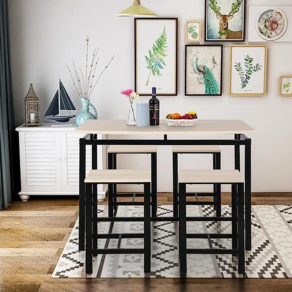 Harper & Bright Designs Beige 5-Piece Dining Set Wood and Metal Pub Table with 4-Bar Stools