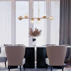 Modern Gold Dining Room Chandelier, 32 in. 6-Light Sputnik Island Linear Chandelier with Globe Glass Shades