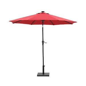 9 ft. Metal Solar Led Lighted Outdoor Patio Market Umbrella with Tilt and Crank for Garden, Deck and Backyard in Red
