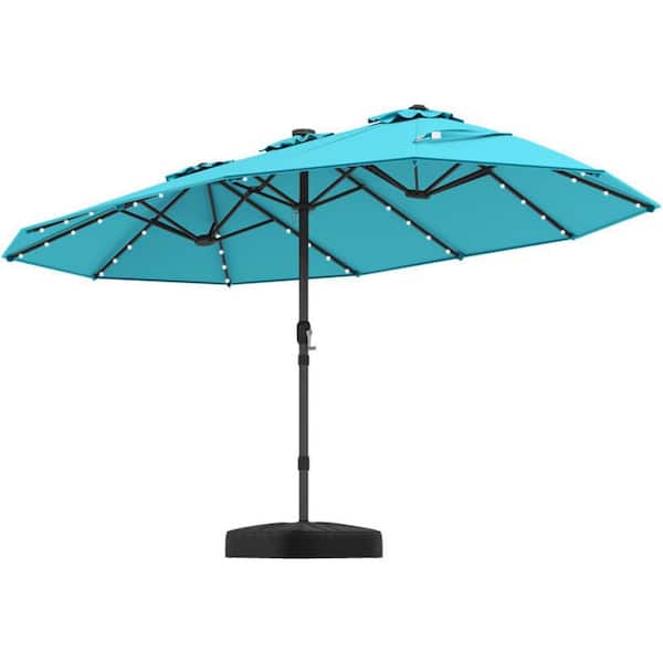 15 ft. Steel Market Patio Umbrella in Turquoise with LED Light and Stand Double Sided Solar Outdoor Umbrella with Crank