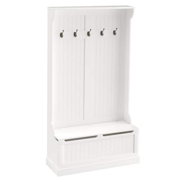 Unbranded 37.75 in. W x 13.5 in. D x 70.75 in. H White Wood Hall Tree with Storage Bench, Coat Rack and 4 Hooks for Entryways