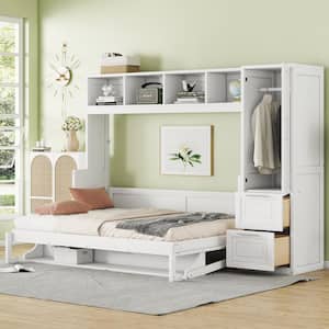 White Multifunctional Wood Frame Full Size Murphy Bed with Closet and Drawers