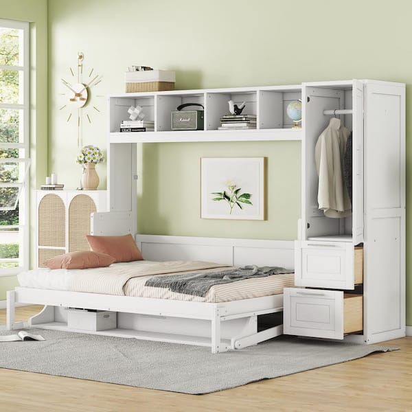 Harper & Bright Designs White Multifunctional Wood Frame Full Size Murphy Bed with Closet and Drawers
