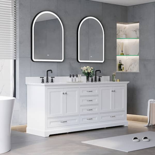 80 in. D x 22 in. W x 34 in. H Solid Wood Double Sink Bath Vanity in White with White Cultured Marble Top