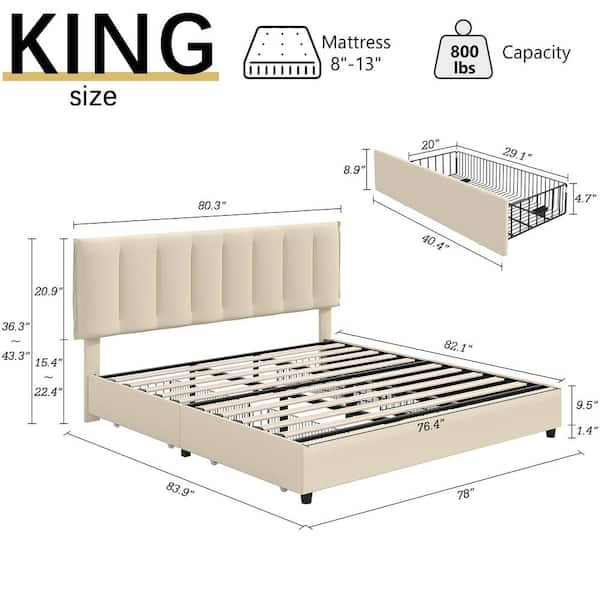 Upholstered Bed Frame, Beige Metal Frame King Platform Bed with 4-Storage Drawers and Adjustable Headboard Bed Frame