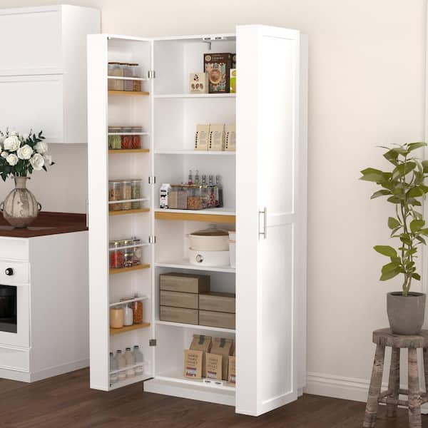 White & Wood finish Pantry Organizer with Adjustable Shelves;Removable Shelves
