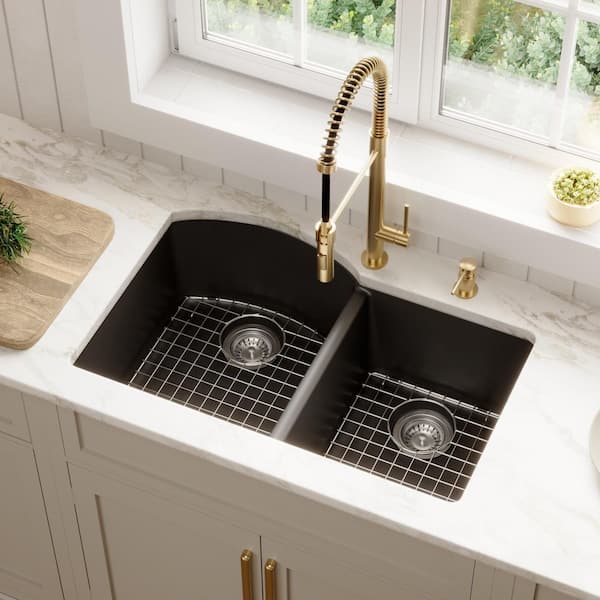 QU-610 Quartz/Granite 32 in. Double Bowl 60/40 Undermount Kitchen Sink in Black with Bottom Grid and Strainer