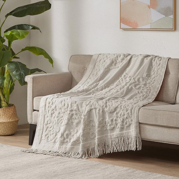 Mila Grey Cotton Tufted Chenille Lightweight Throw Blanket With Fringe Tassel