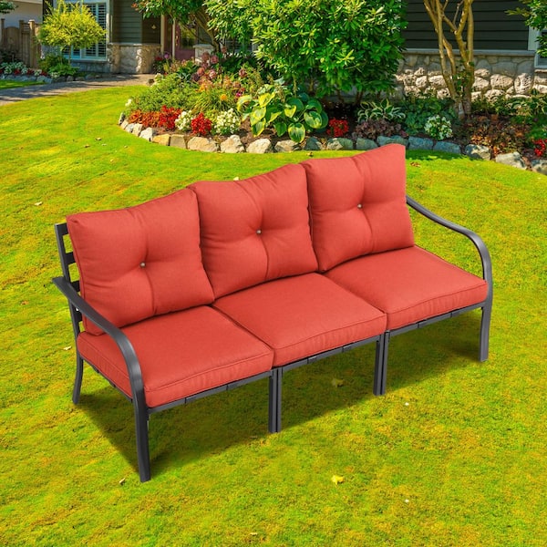 Metal Outdoor Sofa Couch with Red Cushions