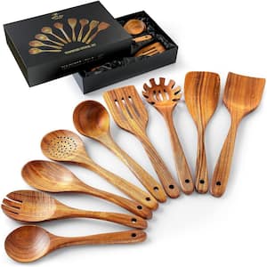 9-Piece Teak Wooden Utensils for Cooking-Utensil Set with Premium Gift Box-Non-Stick Wooden Spoons for Cooking
