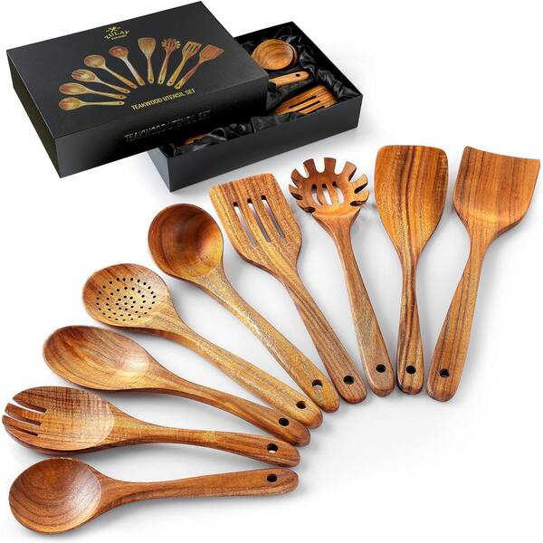 Aoibox 9-Piece Teak Wooden Utensils for Cooking-Utensil Set with Premium Gift Box-Non-Stick Wooden Spoons for Cooking