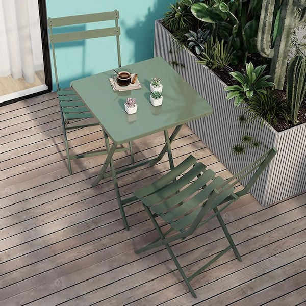 Leisurely 3 Piece Foldable Metal Outdoor Patio Bistro Set in Dark Green with Squar Bistro Tabel