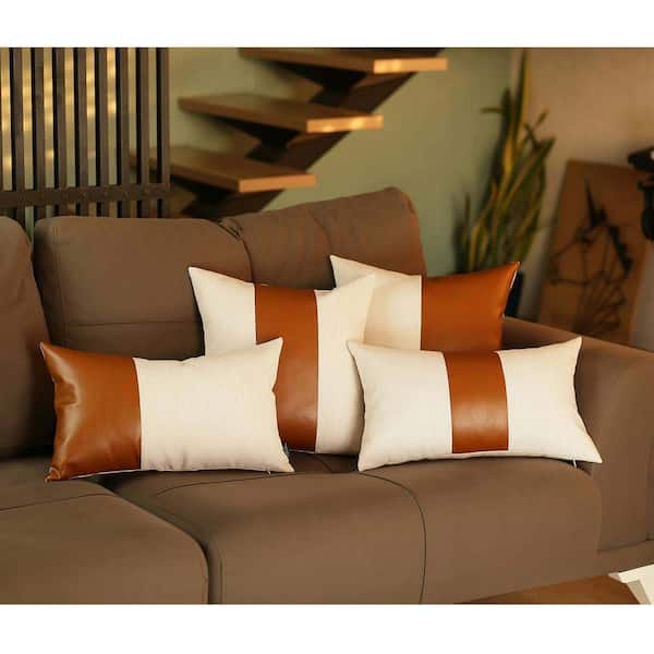 Mike&Co. New York Boho Embroidered Handmade Set of 4 Throw Pillow 18 x 18 Vegan Faux Leather Solid Brown & Beige Square for Couch, Bedding - Brown