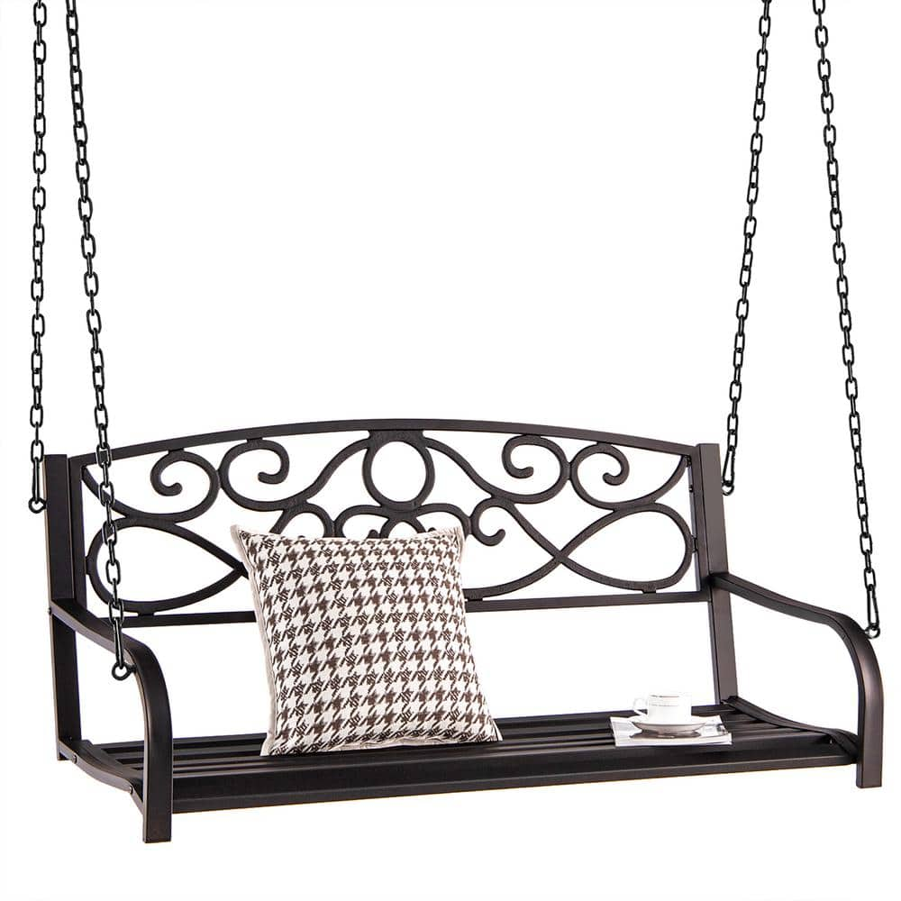 Costway 485 lbs. Capacity 2-Person Brown Metal Porch Patio Swing Outdoor Hanging Bench