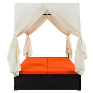 Black PE Rattan Wicker Outdoor Sunbed Daybed with Orange Cushions, Adjustable Seats,Canopy for Balcony,Garden,Backyard