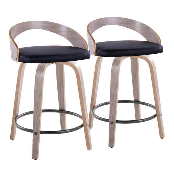 Lumisource Grotto 24 in. Black Faux Leather, Lt. Grey Wood and Black Metal Fixed-Height Counter Stool (Set of 2)