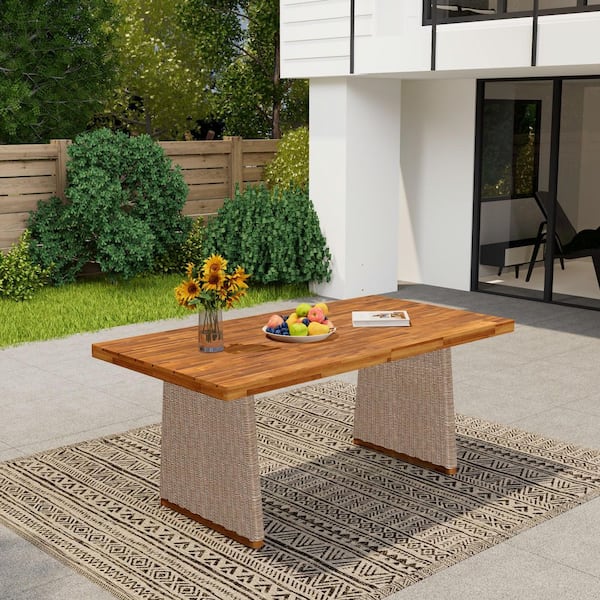 Kameron Teak Finish Rectangle Acacia Wood Outdoor Patio Dining Table with Brown Wicker Legs