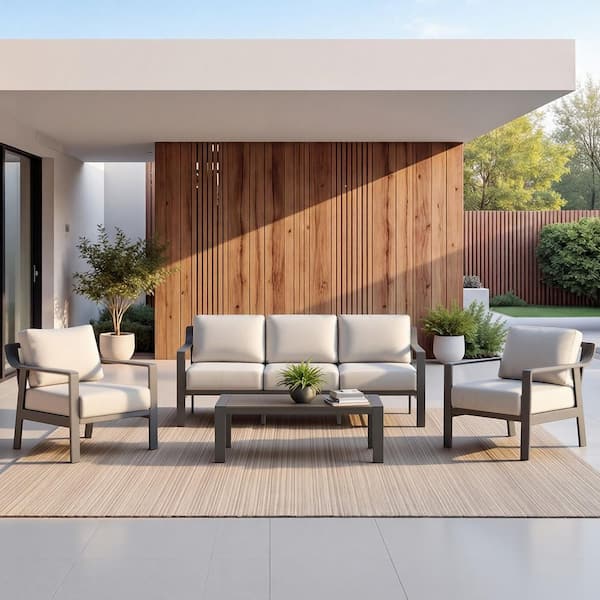 Dominic Gray 4-Piece Aluminum Olefin Patio Conversation Set with 6.3 in. Cushion, Rust-resistant, Weatherproof