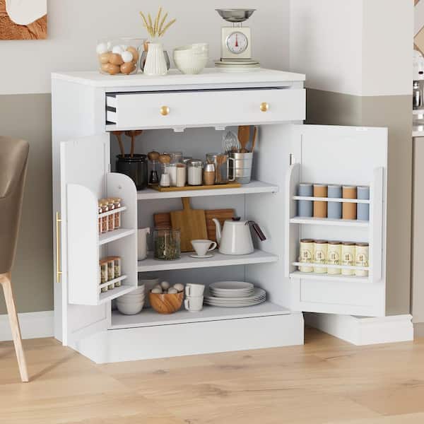 White Freestanding Kitchen Pantry with Drawer, 2-Adjustable Shelves and 2-Door Shelves