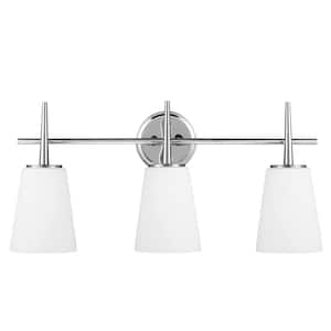 Driscoll 24.5 in. 3-Light Contemporary Modern Chrome Wall Bathroom Vanity Light with White Etched Glass Shades