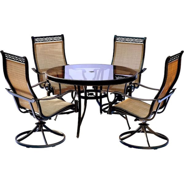 Monaco 5-Piece Aluminum Outdoor Dining Set with Round Glass-Top Table and Contoured Sling Swivel Chairs