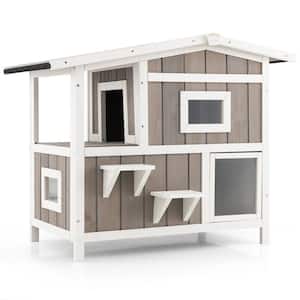 Outdoor White and Gray Wooden 2-Lever Cat House with Escape Door, Waterproof Roof, Ledge Seating