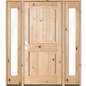 58 in. x 80 in. Rustic Unfinished Knotty Alder Arch Top VG Right-Hand Full Sidelites Clear Glass Prehung Front Door