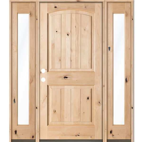 Krosswood Doors 58 in. x 80 in. Rustic Unfinished Knotty Alder Arch Top VG Right-Hand Full Sidelites Clear Glass Prehung Front Door