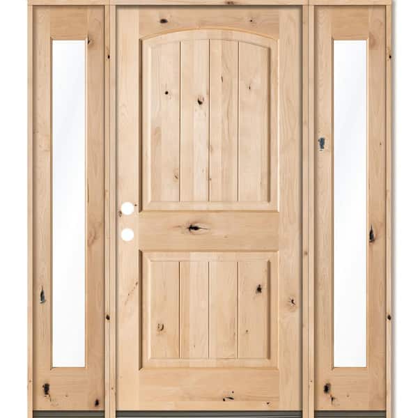 Krosswood Doors 64 in. x 80 in. Rustic Unfinished Knotty Alder Arch VG Right-Hand Full Sidelites Clear Glass Prehung Front Door