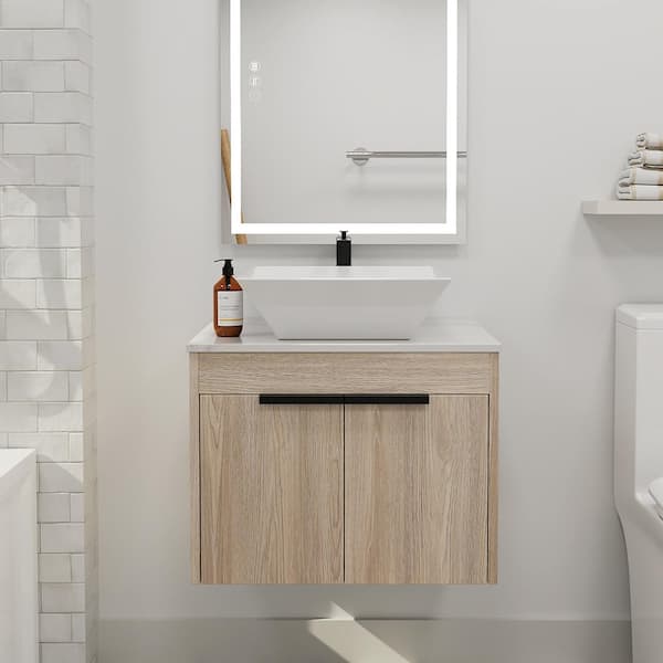 24 in. W x 19 in. D x 24 in. H Floating Bath Vanity in White Oak with Porcelain Vanity Top in White with Single Sink