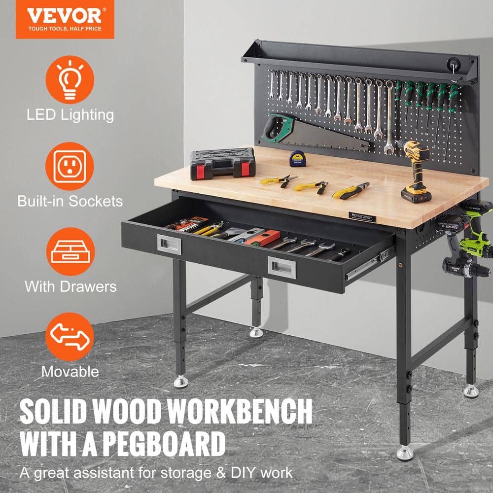 48'' Adjustable Height Oak Plank and Carbon Steel Workbench with Pegboard