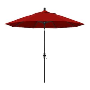 9 ft. Black Aluminum Pole Market Aluminum Ribs Collar Tilt Crank Lift Patio Umbrella in Jockey Red Sunbrella