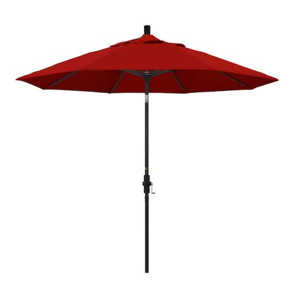 California Umbrella 9 ft. Black Aluminum Pole Market Aluminum Ribs Collar Tilt Crank Lift Patio Umbrella in Jockey Red Sunbrella