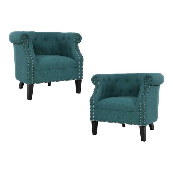 EVERGLADE HOME Carmen Teal Textured Upholstery Tufted Barrel Back Accent Chair (Set of 2)