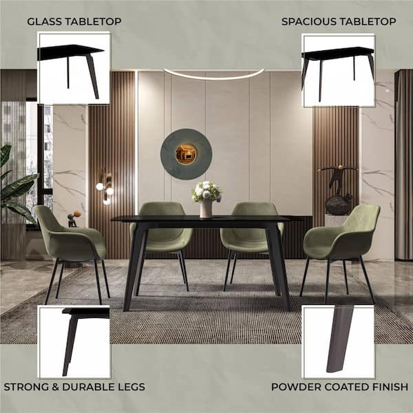 Leisuremod Krevor Series Modern Black Glass Rectangular Tabletop 55 in. in 4-Legs Black Steel Dining Table Seats 8