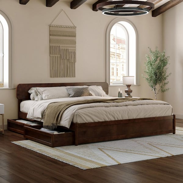 Capri Walnut Brown Solid Wood Frame King Platform Bed with Panel Footboard and Storage Drawers