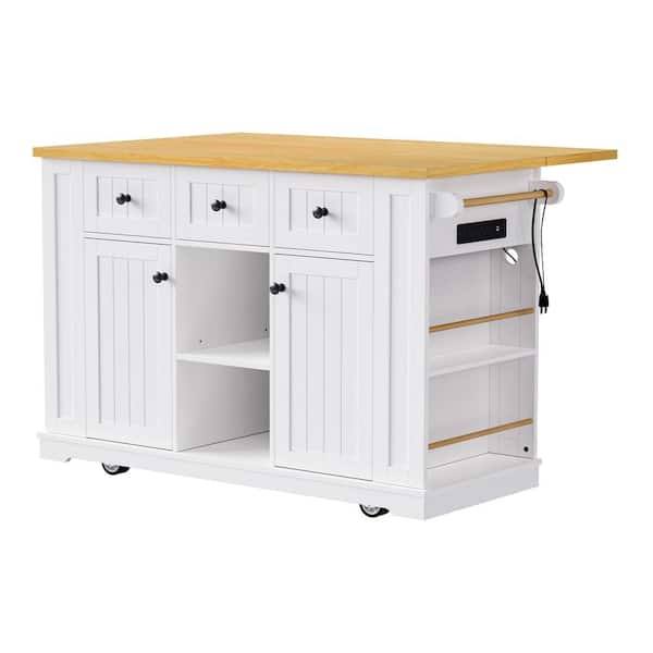 Tileon White Wood 50 in. Large Kitchen Island with Drop Leaf, Power Outlet, 5 Open Side Racks, 3 Drawers Rolling Kitchen Cart