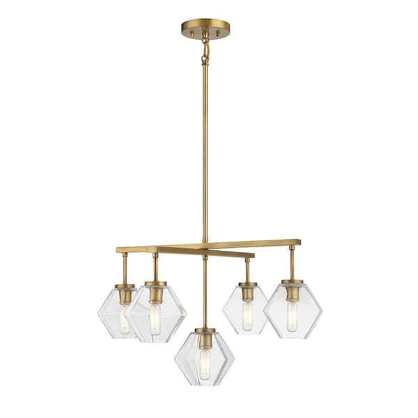 Savoy House Meridian 26 in. W x 14 in. H 5-Light Natural Brass Chandelier with Hexagon-Shaped Clear Glass Shades