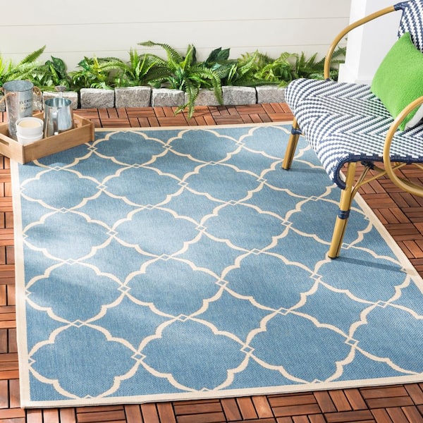 Beach House Blue/Cream 7 ft. x 7 ft. Square Geometric Indoor/Outdoor Patio  Area Rug