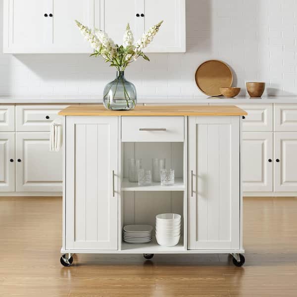 Crosley Stella White Wood Kitchen Cart with Cabinets CF3046NA-WH