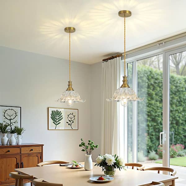RayHome 60-Watt 1-Light Gold Vintage Pendant Light Fixtures with Clear Flower Glass for Dining Room Hallway Living Room