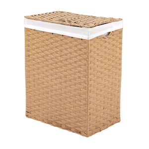 Lidded Rectangular Tan Collapsible Plastic Wicker Laundry Hamper Basket with Washable Liner