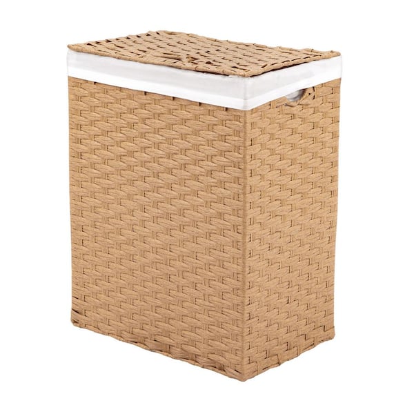 Seville Classics Lidded Rectangular Tan Collapsible Plastic Wicker Laundry Hamper Basket with Washable Liner