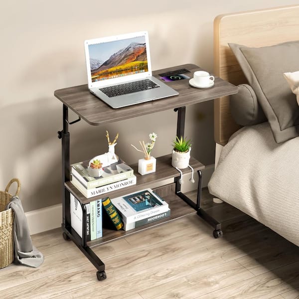 Karl home Rolling and Height Adjustable 31.5 in. Rectangle Gray Metal Wood Computer Desk Laptop Table with 2 USB Ports