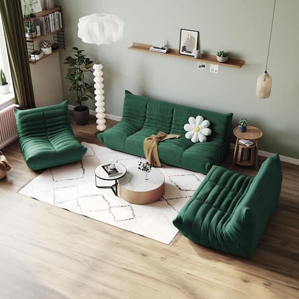 J&E Home 69 in. W Armless Teddy Velvet 3-piece Modular Free Combination Sectional Sofa with Ottoman in. Green